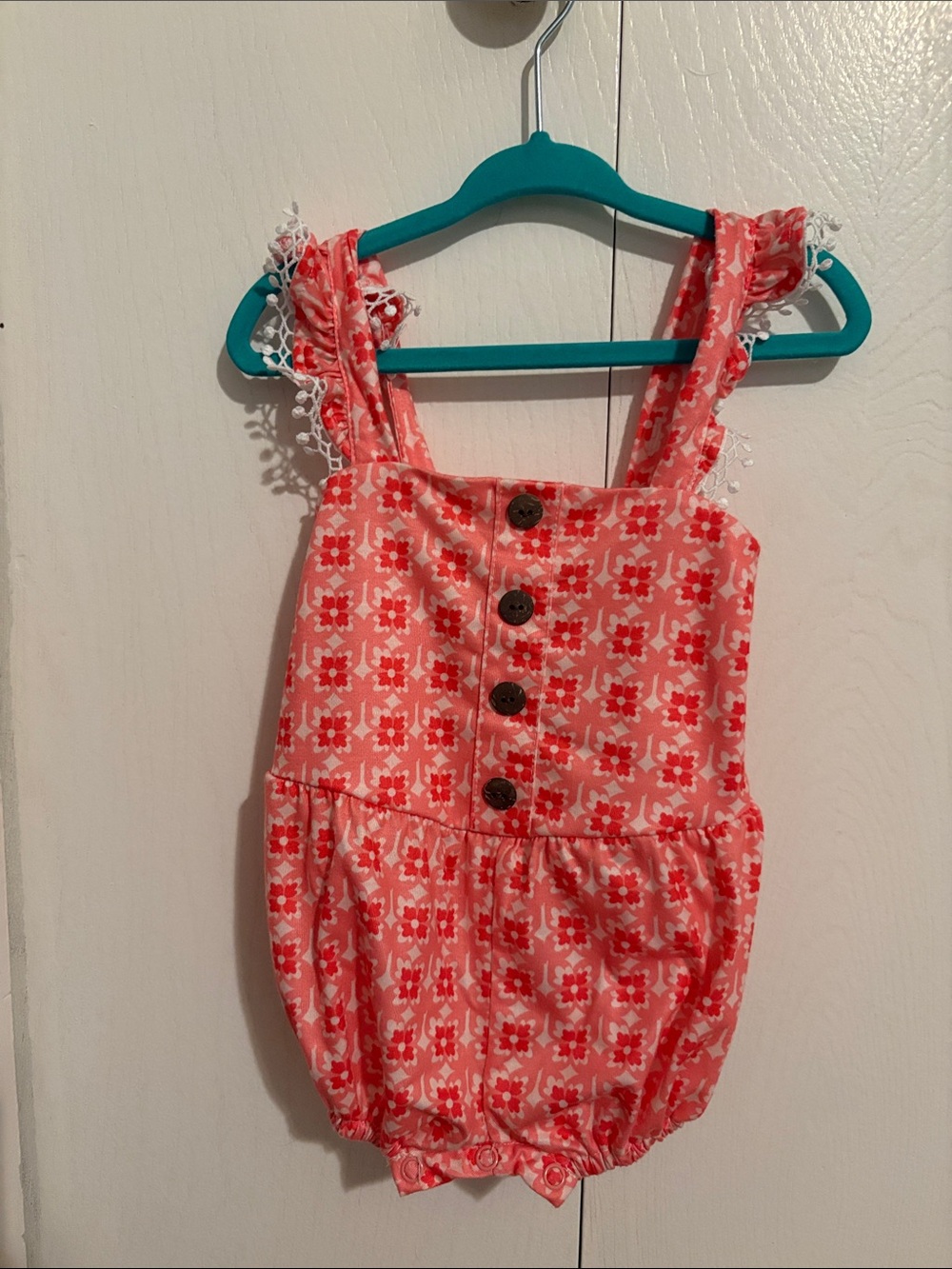 iris & ivy Coral Pink Floral Buttoned Romper with Lace Straps
